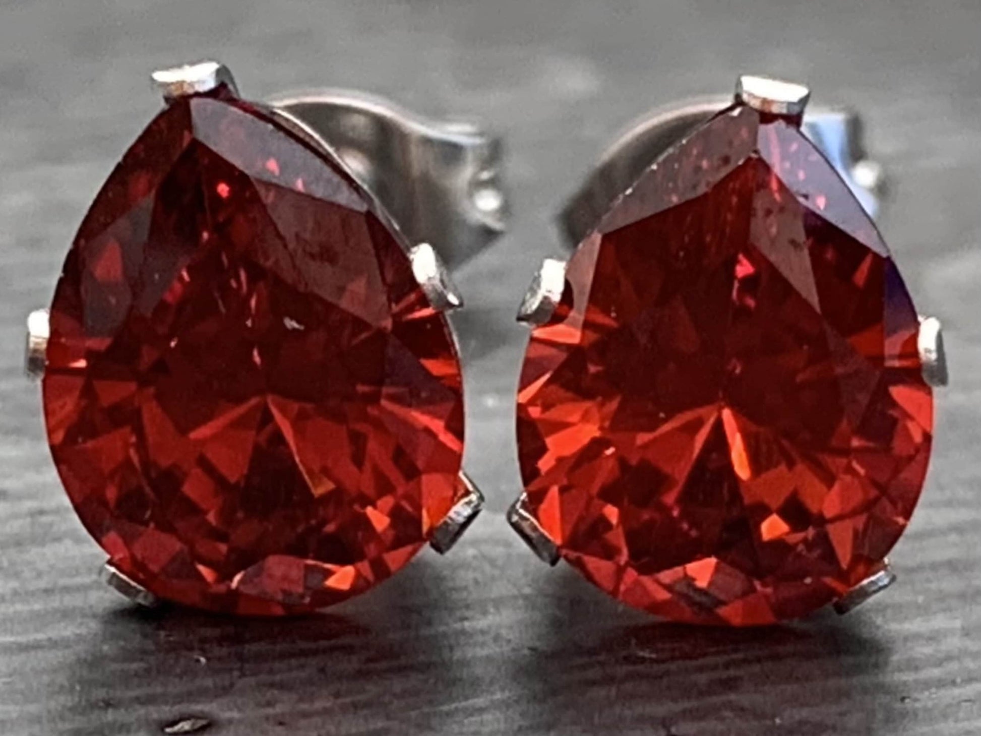 PAIR of Stunning Hypoallergenic Red CZ Gem Teardrop Stud Earrings - 3mm, 4mm, 5mm, 6mm & 7mm Gem Size Available!