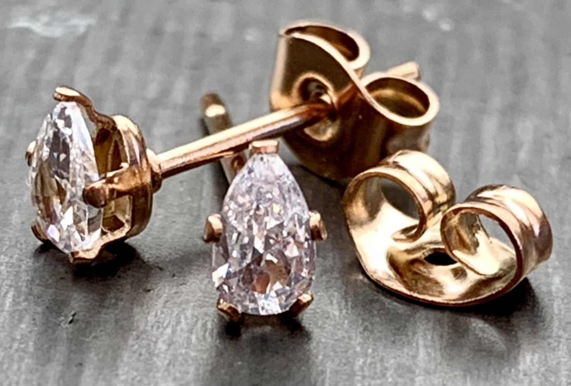 PAIR of Beautiful Hypoallergenic Clear CZ Gem Teardrop Rose Gold Stud Earrings - 3mm, 4mm, 5mm, 6mm & 7mm Gem Size Available!