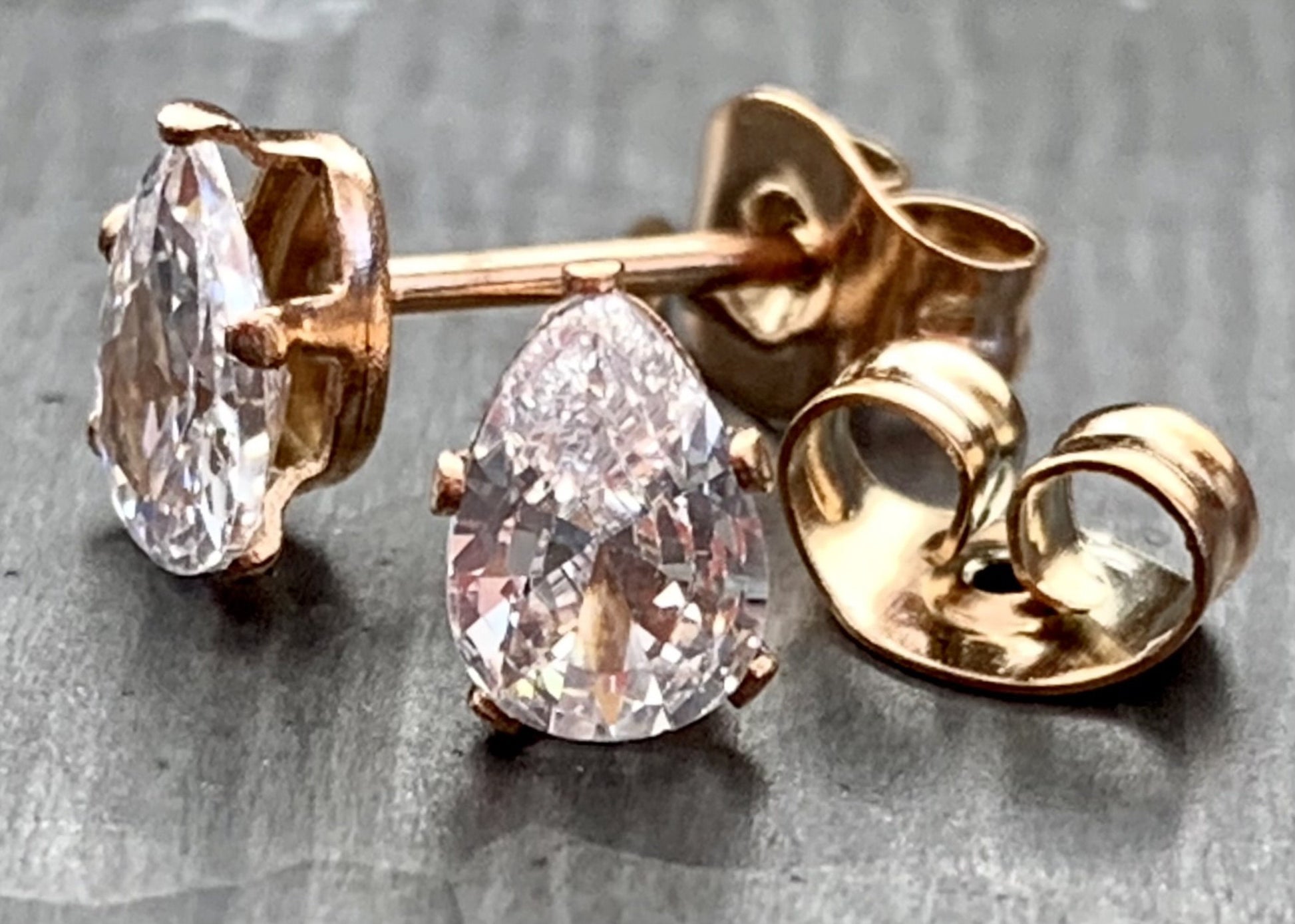 PAIR of Beautiful Hypoallergenic Clear CZ Gem Teardrop Rose Gold Stud Earrings - 3mm, 4mm, 5mm, 6mm & 7mm Gem Size Available!