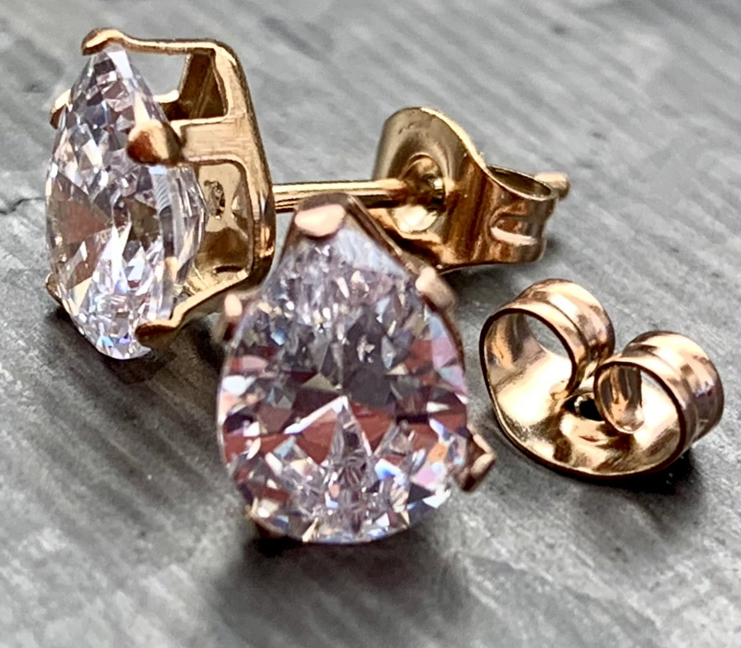 PAIR of Beautiful Hypoallergenic Clear CZ Gem Teardrop Rose Gold Stud Earrings - 3mm, 4mm, 5mm, 6mm & 7mm Gem Size Available!