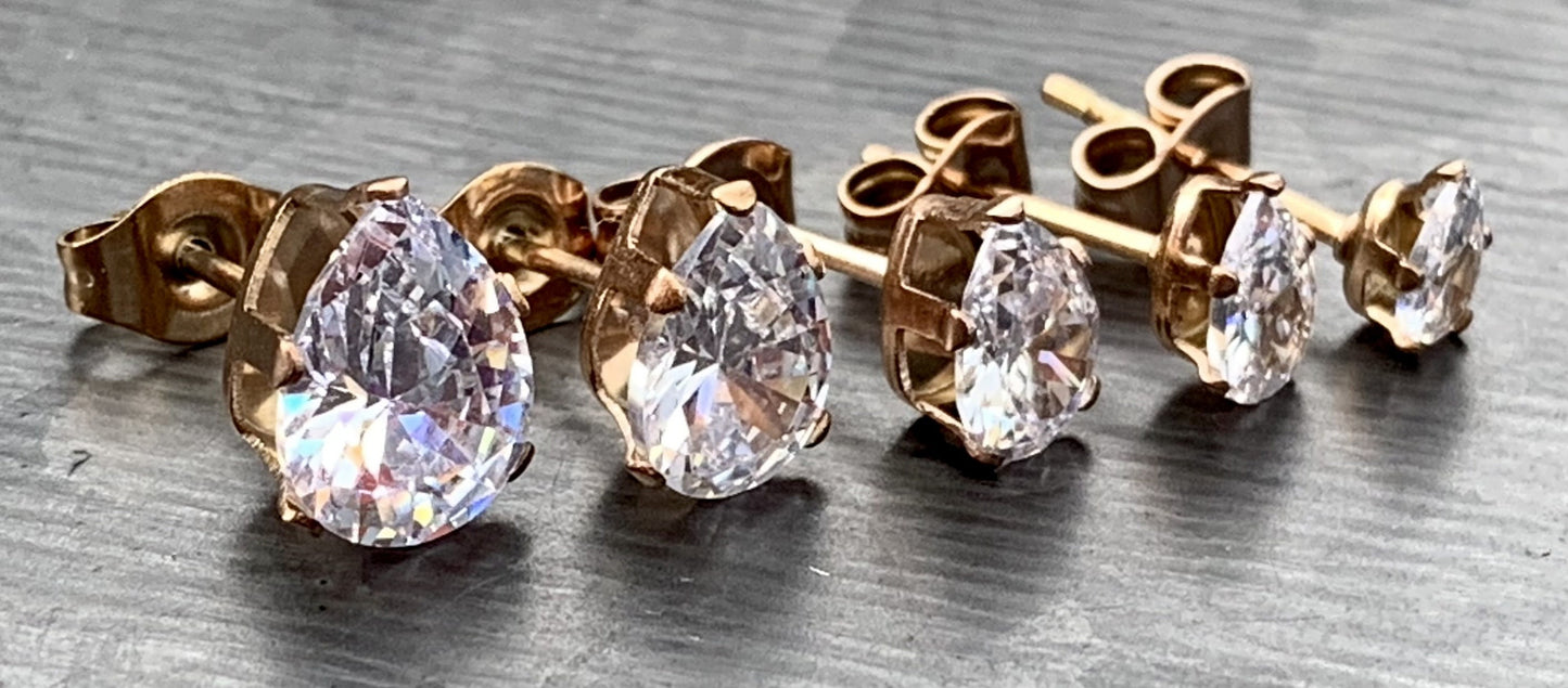 PAIR of Beautiful Hypoallergenic Clear CZ Gem Teardrop Rose Gold Stud Earrings - 3mm, 4mm, 5mm, 6mm & 7mm Gem Size Available!