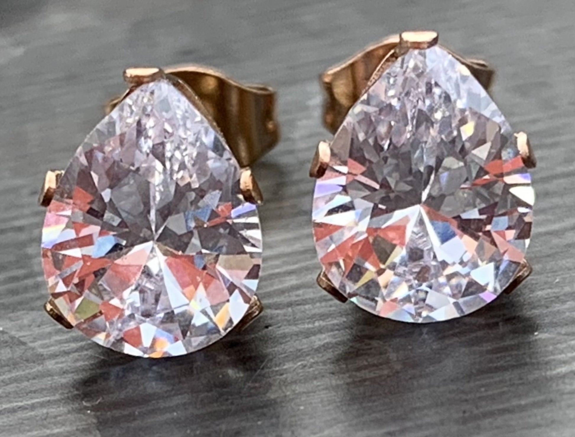 PAIR of Beautiful Hypoallergenic Clear CZ Gem Teardrop Rose Gold Stud Earrings - 3mm, 4mm, 5mm, 6mm & 7mm Gem Size Available!