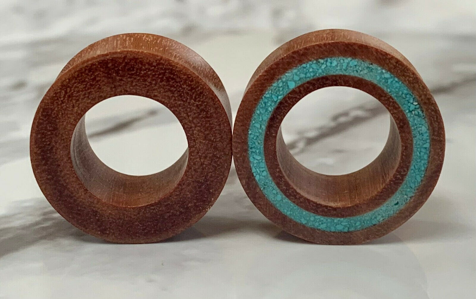 PAIR of Unique Crushed Turquoise Rim Inlay Sawo Wood Tunnels/Plugs - Gauges 0g (8mm) thru 1" (25mm) available!