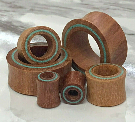 PAIR of Unique Crushed Turquoise Rim Inlay Sawo Wood Tunnels/Plugs - Gauges 0g (8mm) thru 1" (25mm) available!