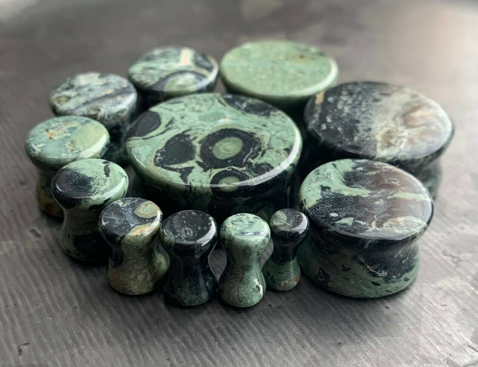 PAIR of Unique Natural Green Eye Jasper Double Flare Stone Plugs - Gauges 8g (3mm) thru 1" (25mm) available!