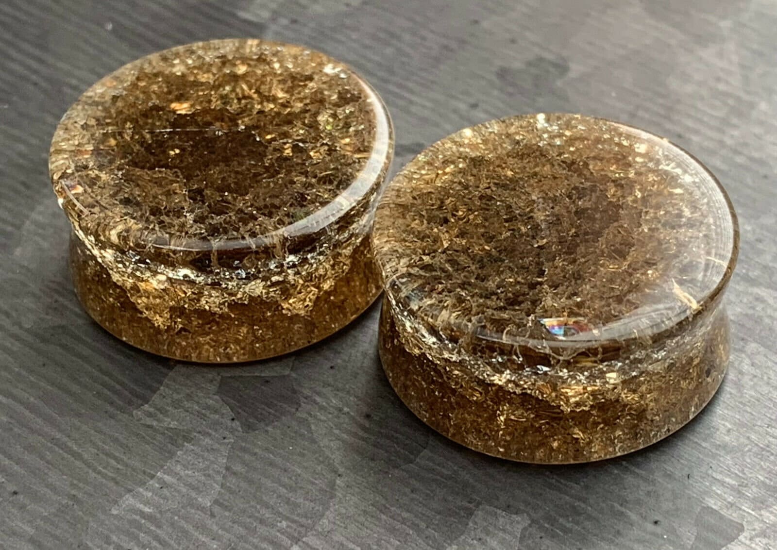 PAIR of Stunning Cracked Golden Black Glass Double Flare Plugs - Gauges 0g (8mm) through 7/8" (22mm) available!