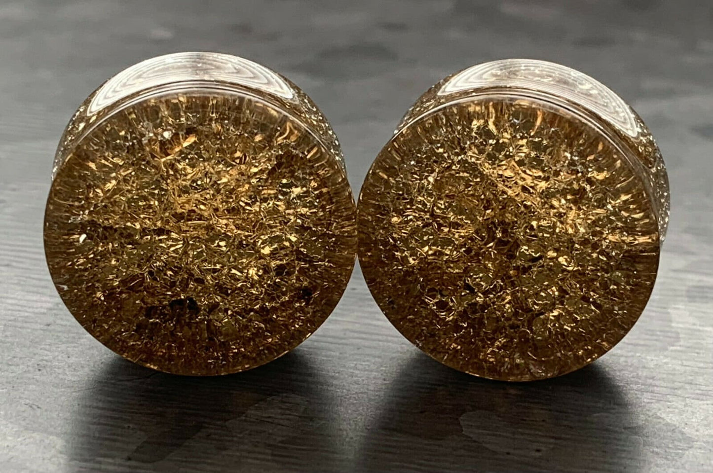 PAIR of Stunning Cracked Golden Black Glass Double Flare Plugs - Gauges 0g (8mm) through 7/8" (22mm) available!