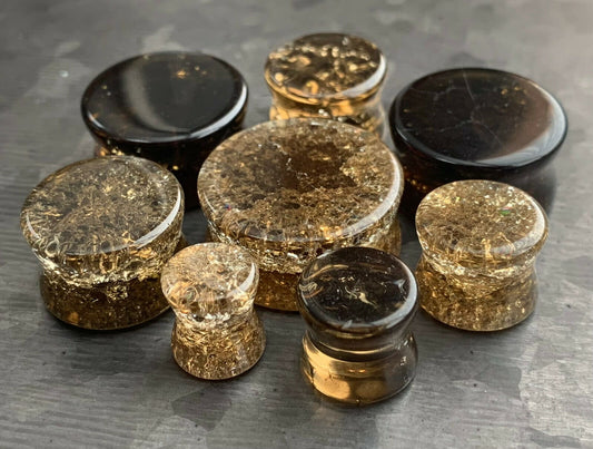 PAIR of Stunning Cracked Golden Black Glass Double Flare Plugs - Gauges 0g (8mm) through 7/8" (22mm) available!