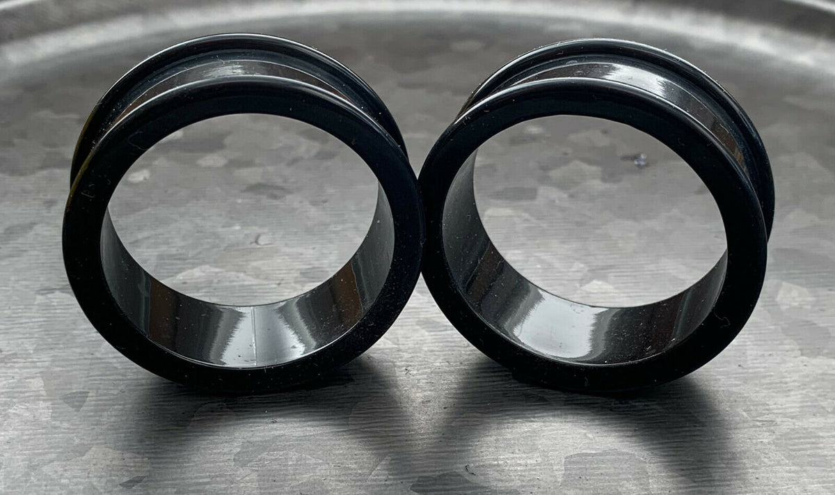 PAIR of Midnight Black Solid Silicone Double Flare Tunnels