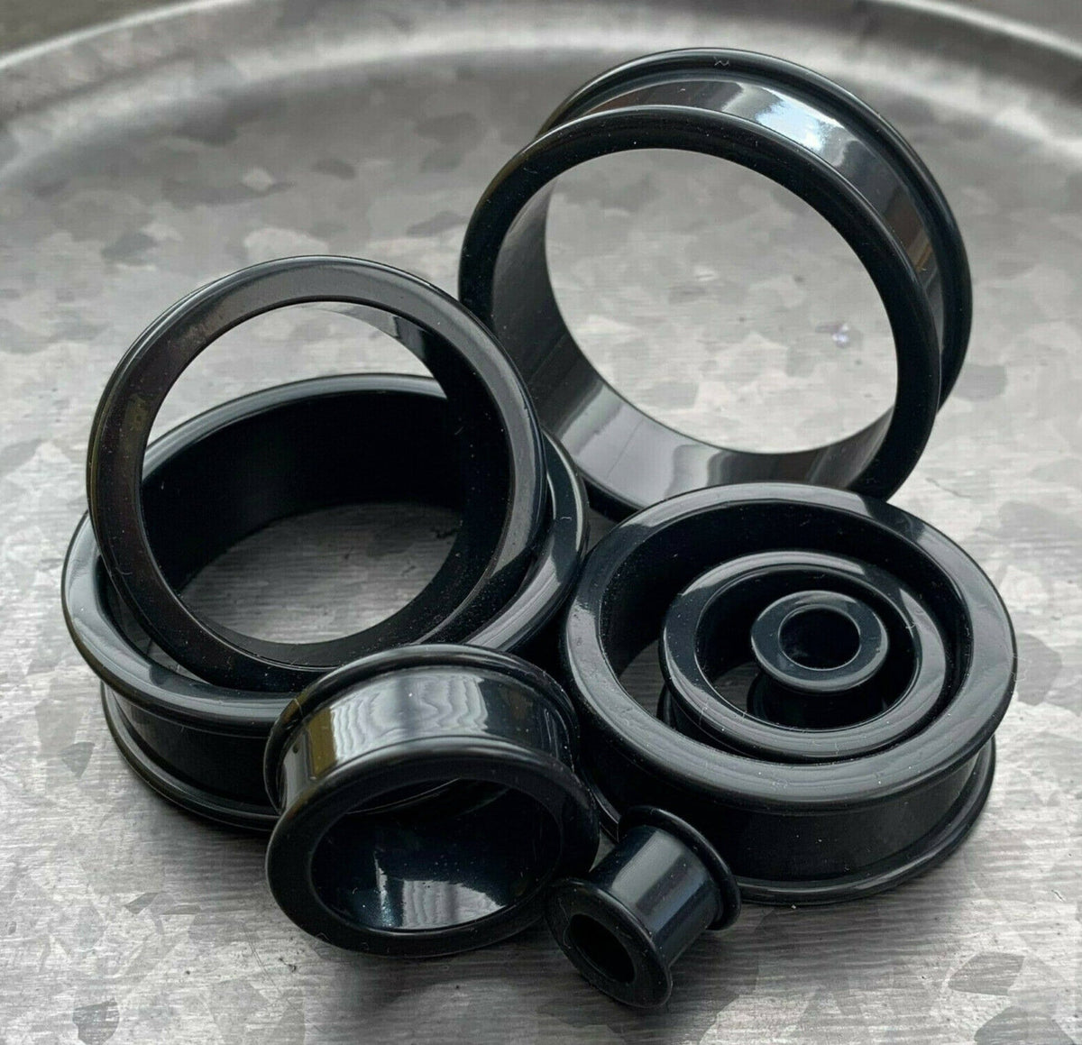 PAIR of Midnight Black Solid Silicone Double Flare Tunnels