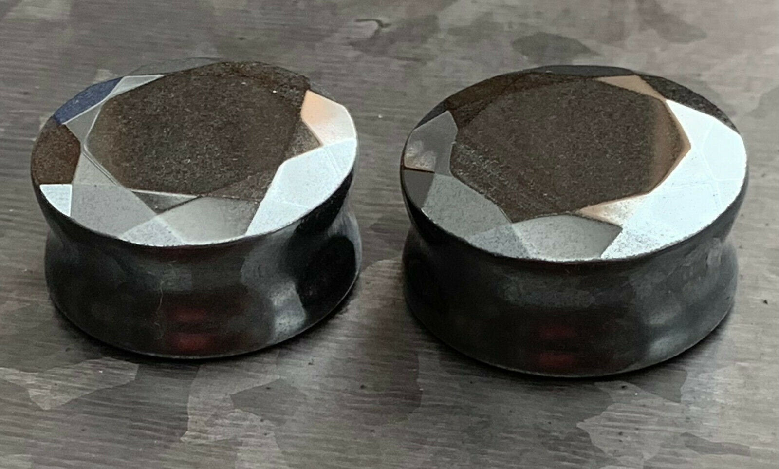 PAIR of Stunning Faceted Hematite Organic Stone Double Flare Plugs - Gauges 2g (6.5mm) up to 1" (25mm) available!