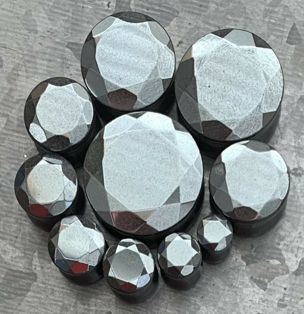 PAIR of Stunning Faceted Hematite Organic Stone Double Flare Plugs - Gauges 2g (6.5mm) up to 1" (25mm) available!