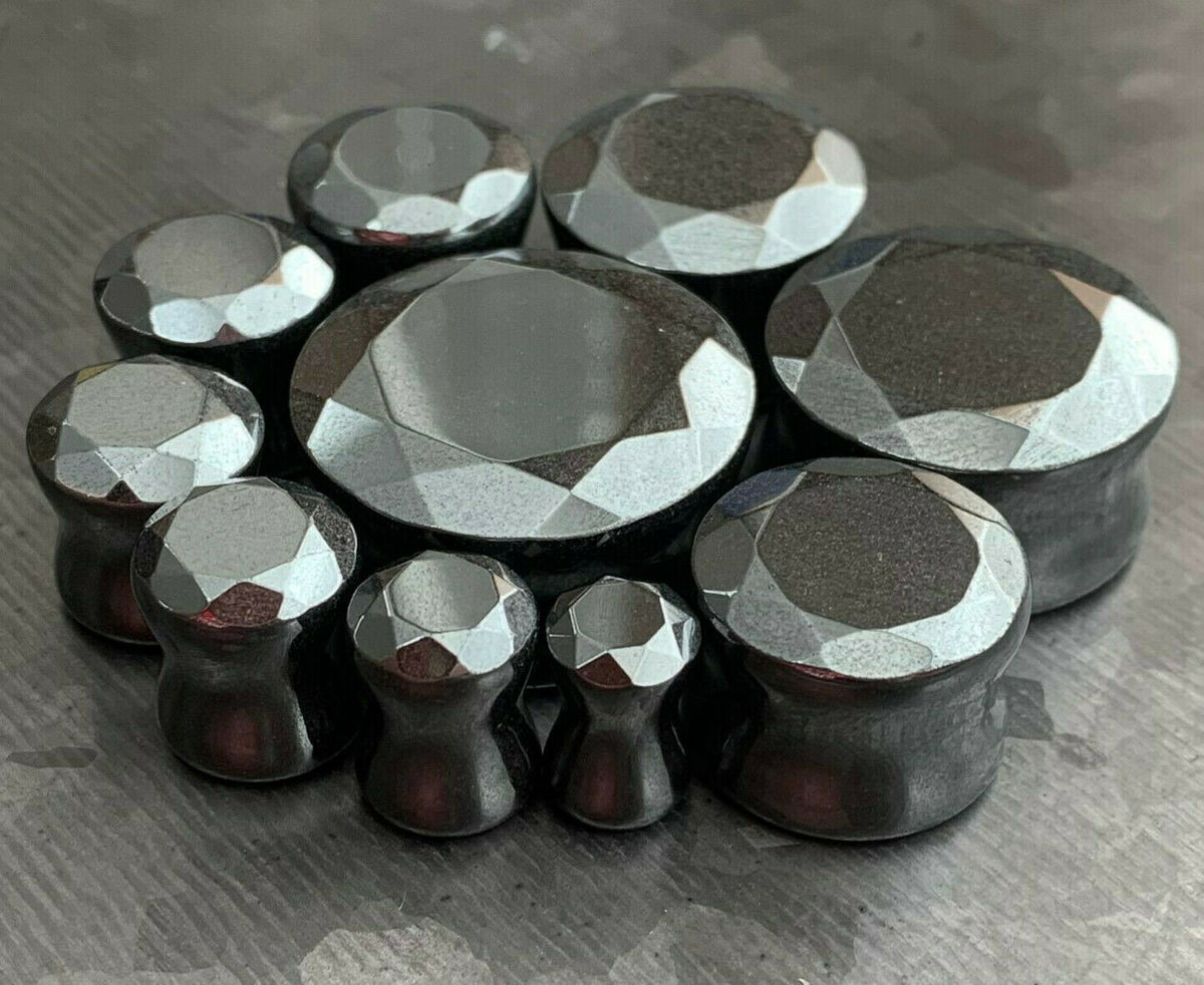 PAIR of Stunning Faceted Hematite Organic Stone Double Flare Plugs - Gauges 2g (6.5mm) up to 1" (25mm) available!