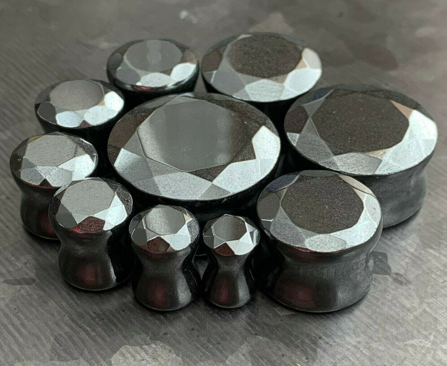 PAIR of Stunning Faceted Hematite Organic Stone Double Flare Plugs - Gauges 2g (6.5mm) up to 1" (25mm) available!