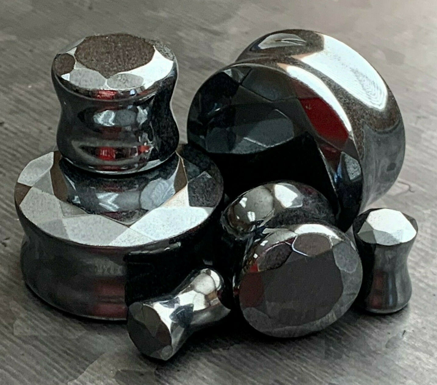 PAIR of Stunning Faceted Hematite Organic Stone Double Flare Plugs - Gauges 2g (6.5mm) up to 1" (25mm) available!