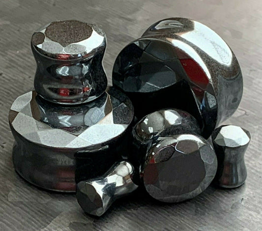 PAIR of Stunning Faceted Hematite Organic Stone Double Flare Plugs - Gauges 2g (6.5mm) up to 1" (25mm) available!
