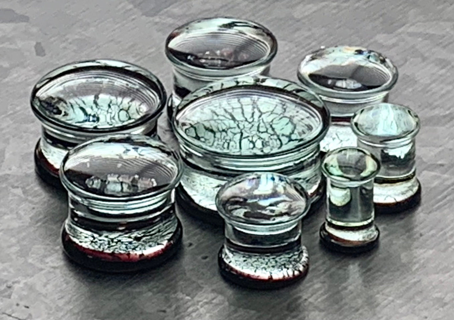 PAIR of Beautiful Silver & Black Fracture Design Pyrex Glass Plugs - Gauges 2g (6mm) through 3/4" (19mm) available!