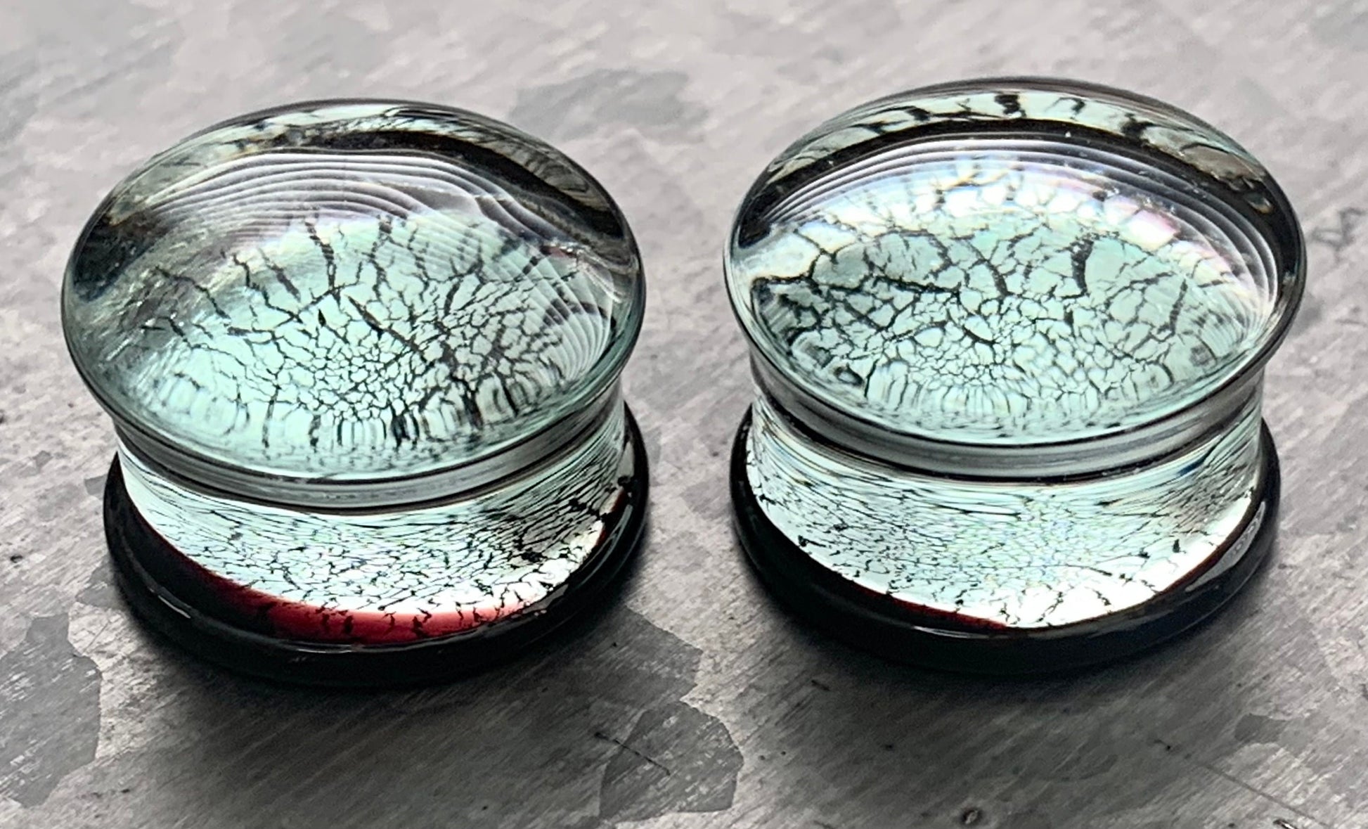 PAIR of Beautiful Silver & Black Fracture Design Pyrex Glass Plugs - Gauges 2g (6mm) through 3/4" (19mm) available!