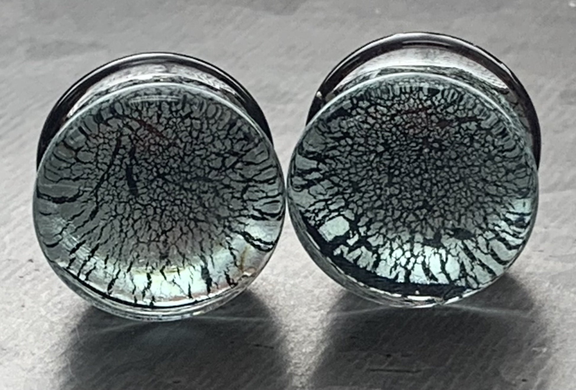 PAIR of Beautiful Silver & Black Fracture Design Pyrex Glass Plugs - Gauges 2g (6mm) through 3/4" (19mm) available!