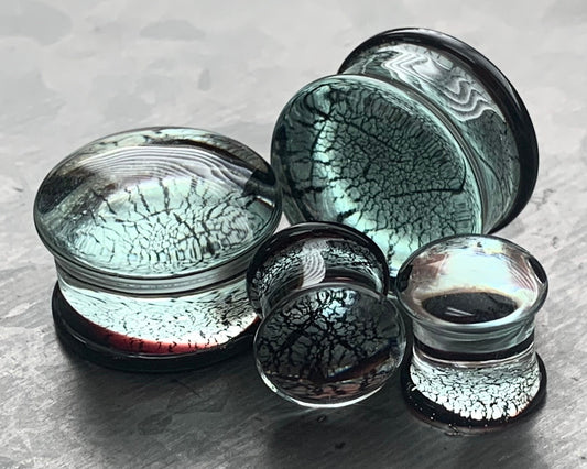 PAIR of Beautiful Silver & Black Fracture Design Pyrex Glass Plugs - Gauges 2g (6mm) through 3/4" (19mm) available!