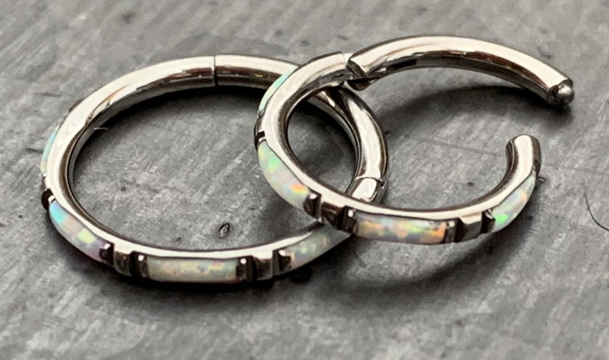 1 Piece Implant Grade Titanium Baguette Opal Sides Hinged Segment Septum Ring - 16g - 10mm, 8mm ~ White, Pink and Blue Available!