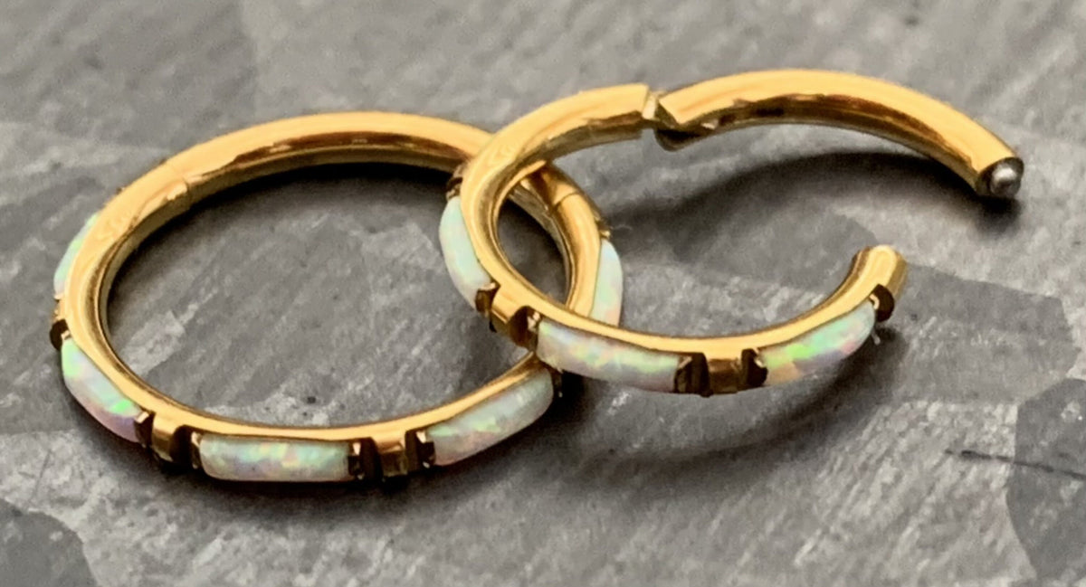1 Piece Implant Grade Titanium Baguette Opal Sides Hinged Segment Septum Ring - 16g - 10mm, 8mm ~ White, Pink and Blue Available!