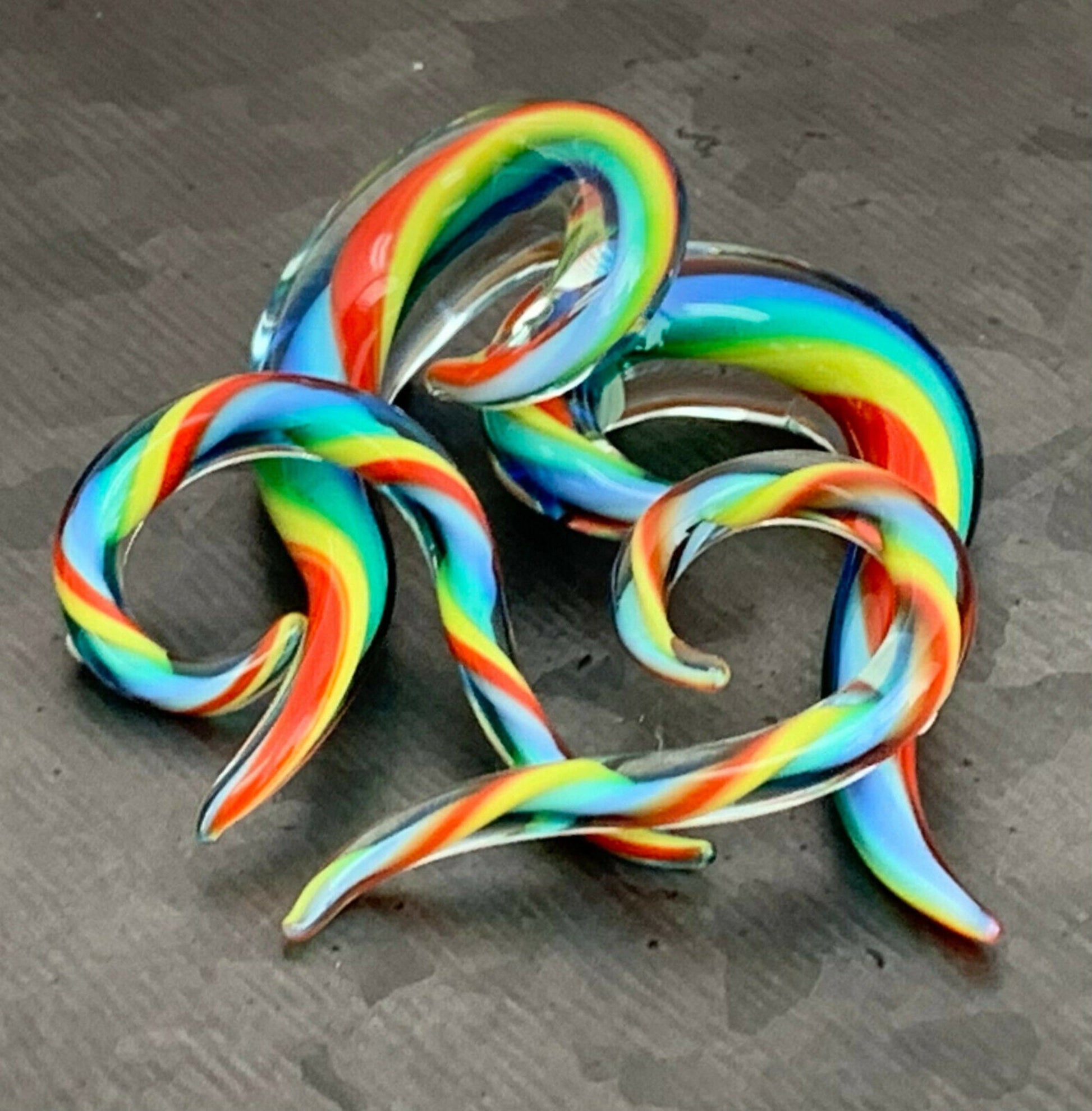 PAIR of Unique Rainbow Glass Spiral Taper Plugs - Expanders Gauges - 6g (4mm) thru 00g (10mm) available!