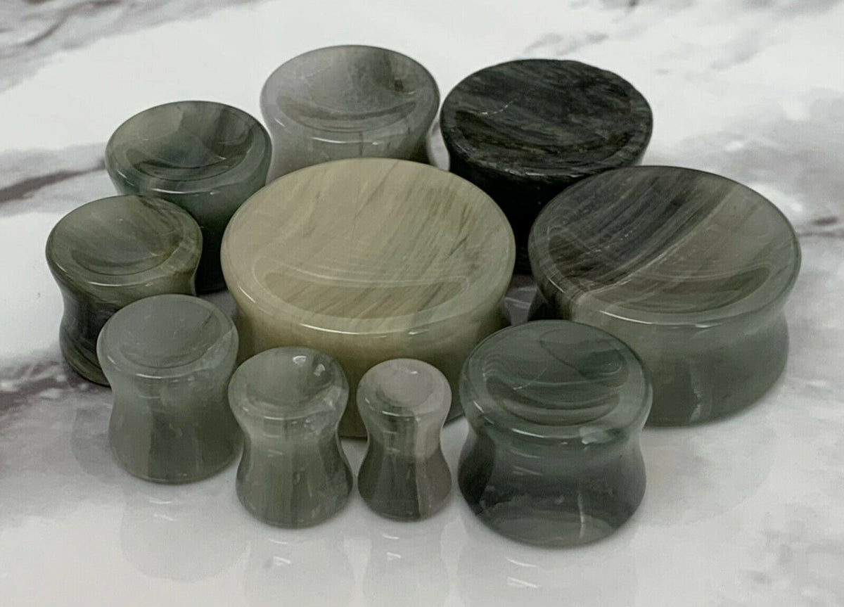 PAIR of Unique Organic Concave Green Jasper Double Flare Stone Plugs - Gauges 2g (6mm) up to 1" (25mm) available!