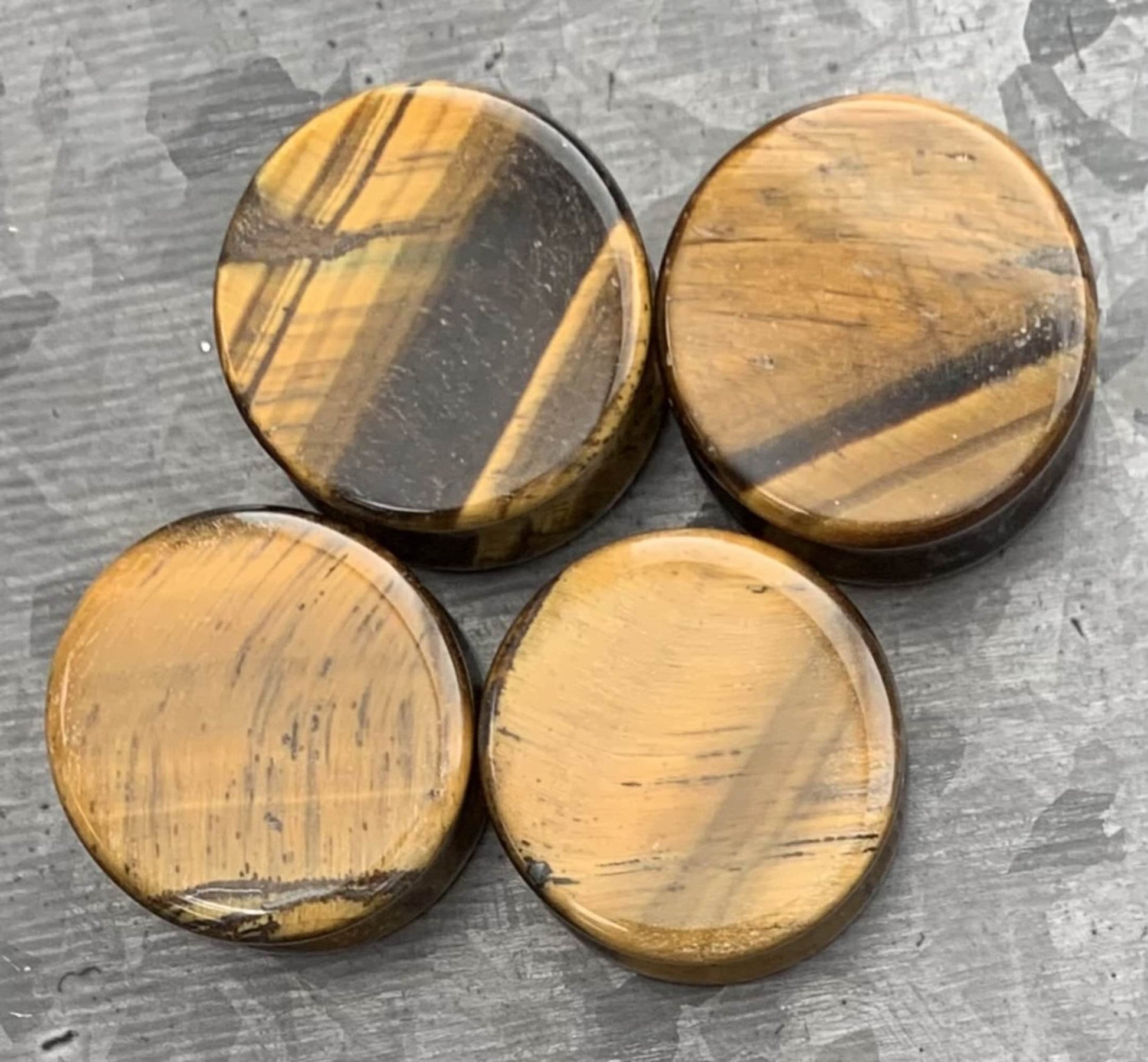 ALL 3 PAIR of Stunning Yellow, Blue & Red Tiger Eye Organic Stone Plugs - Double Flare - Gauges 6g thru 1"