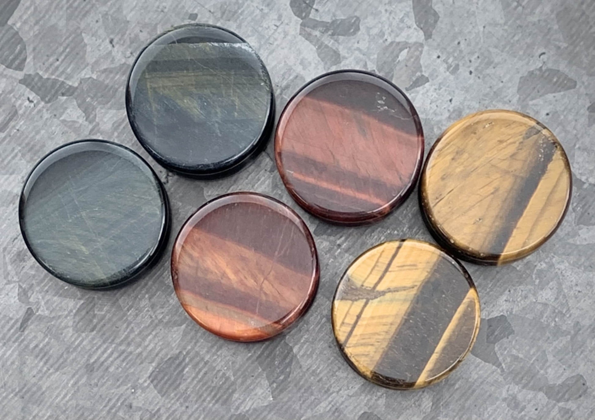 ALL 3 PAIR of Stunning Yellow, Blue & Red Tiger Eye Organic Stone Plugs - Double Flare - Gauges 6g thru 1"