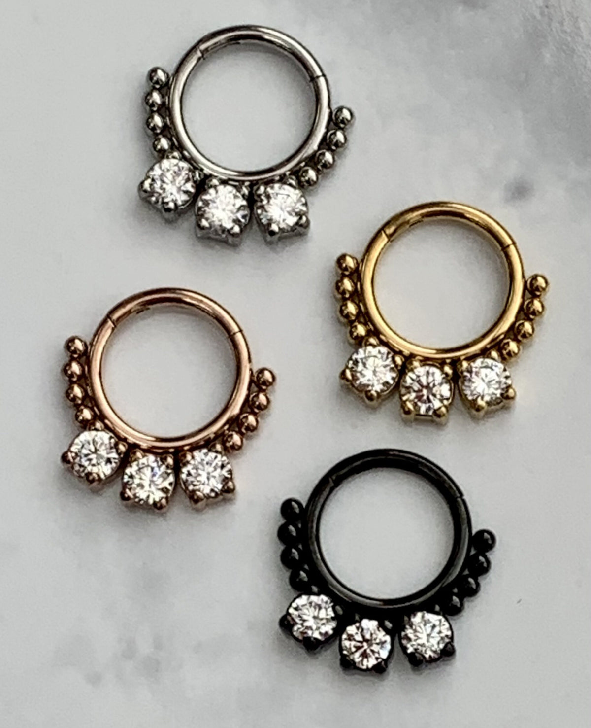 1 Piece of Brilliant CZ Gem & Beads Hinged Steel Segment Ring - 16g, 8mm Internal Diameter!