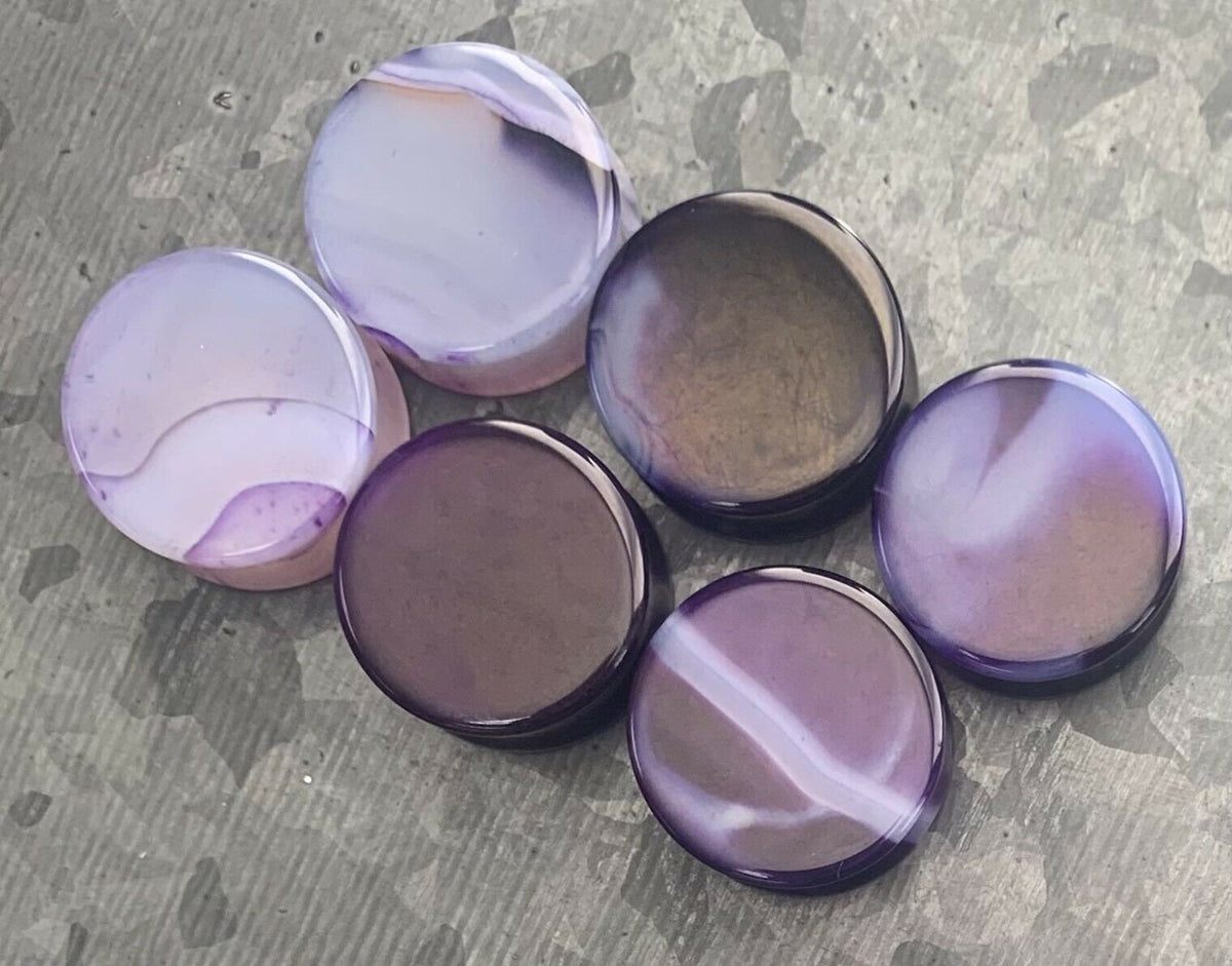 PAIR of Unique Purple Striped Agate Double Flare Organic Stone Plugs - Gauges 4g (5mm) thru 1" (25mm) available!