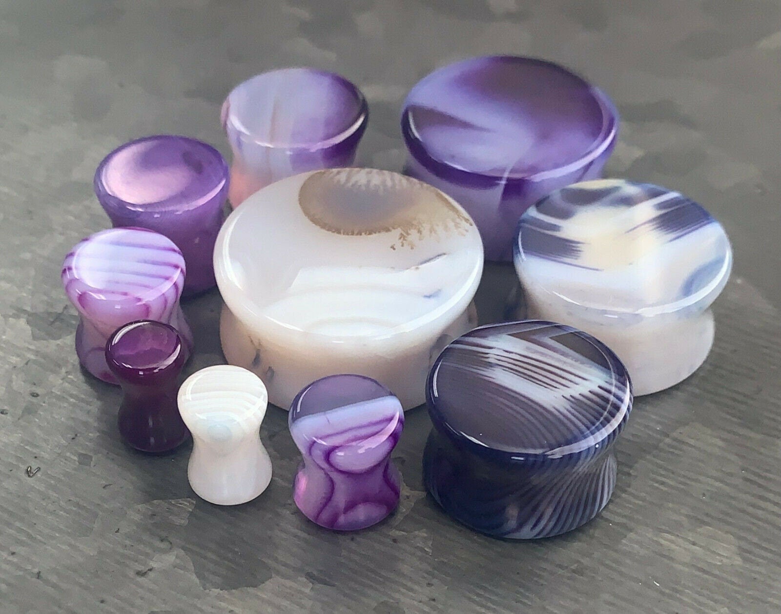 PAIR of Unique Purple Striped Agate Double Flare Organic Stone Plugs - Gauges 4g (5mm) thru 1" (25mm) available!