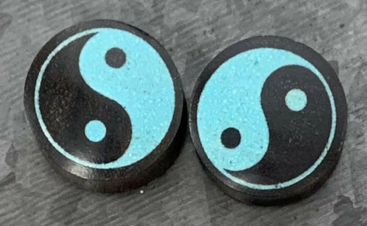 PAIR of Beautiful Crushed Turquoise Yin Yang Inlaid Wood Saddle Plugs - Gauges 0g (8mm) thru 1" (25mm) available!