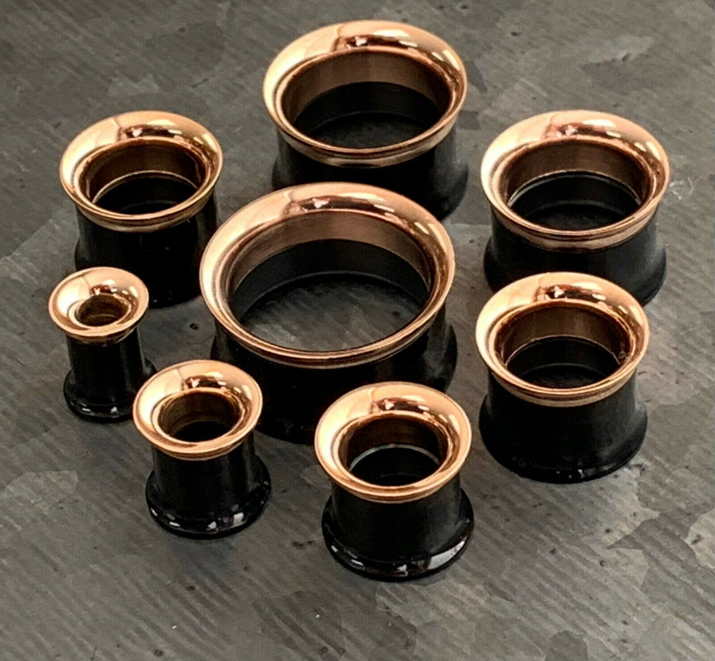 PAIR of Beautiful Black and Rose Gold Internally Threaded Tunnels/Plugs - Gauges 2g (6mm) thru 3/4" (19mm) Available!