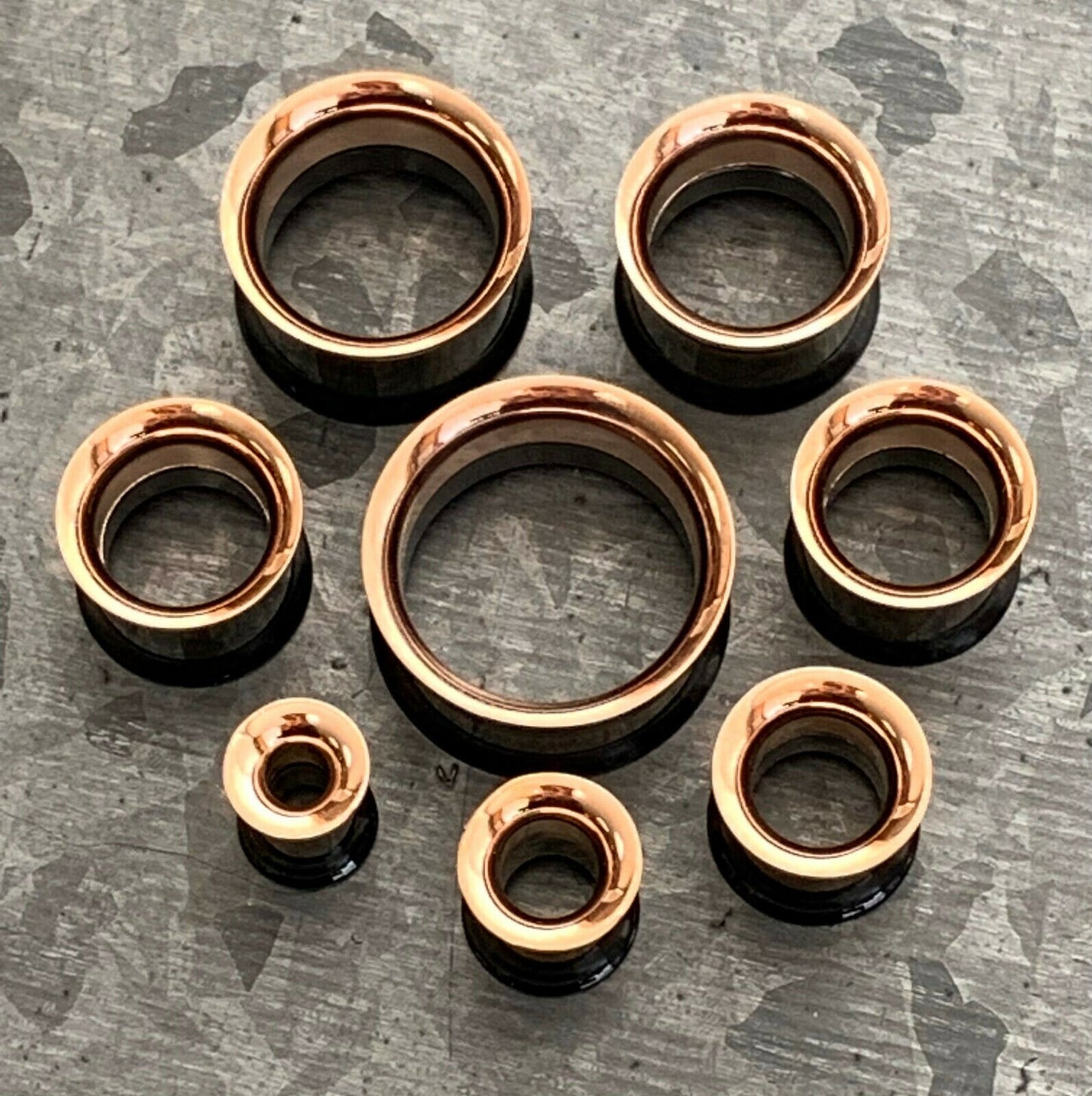 PAIR of Beautiful Black and Rose Gold Internally Threaded Tunnels/Plugs - Gauges 2g (6mm) thru 3/4" (19mm) Available!
