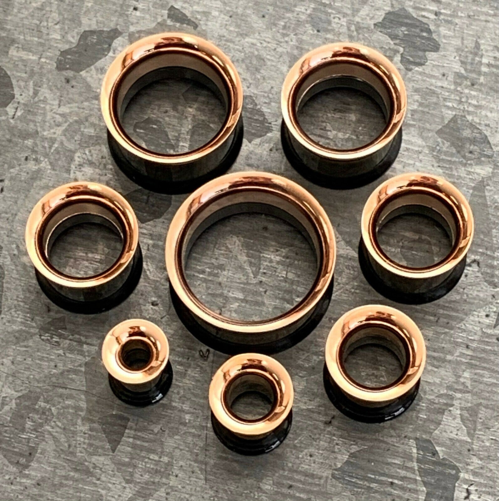 PAIR of Beautiful Black and Rose Gold Internally Threaded Tunnels/Plugs - Gauges 2g (6mm) thru 3/4" (19mm) Available!