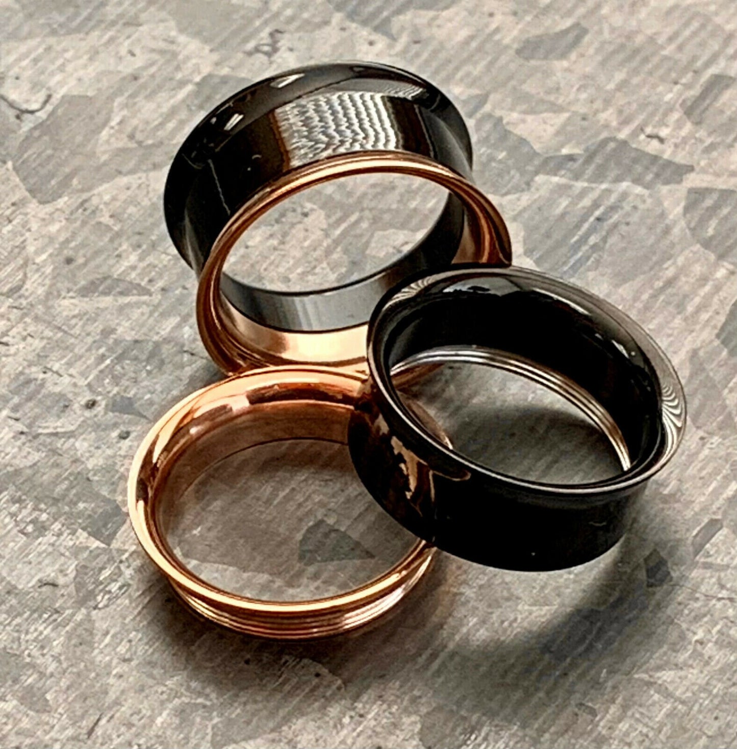 PAIR of Beautiful Black and Rose Gold Internally Threaded Tunnels/Plugs - Gauges 2g (6mm) thru 3/4" (19mm) Available!