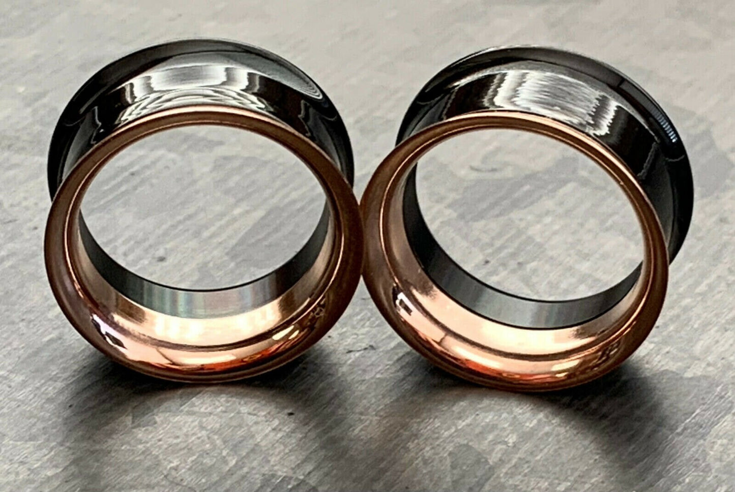 PAIR of Beautiful Black and Rose Gold Internally Threaded Tunnels/Plugs - Gauges 2g (6mm) thru 3/4" (19mm) Available!