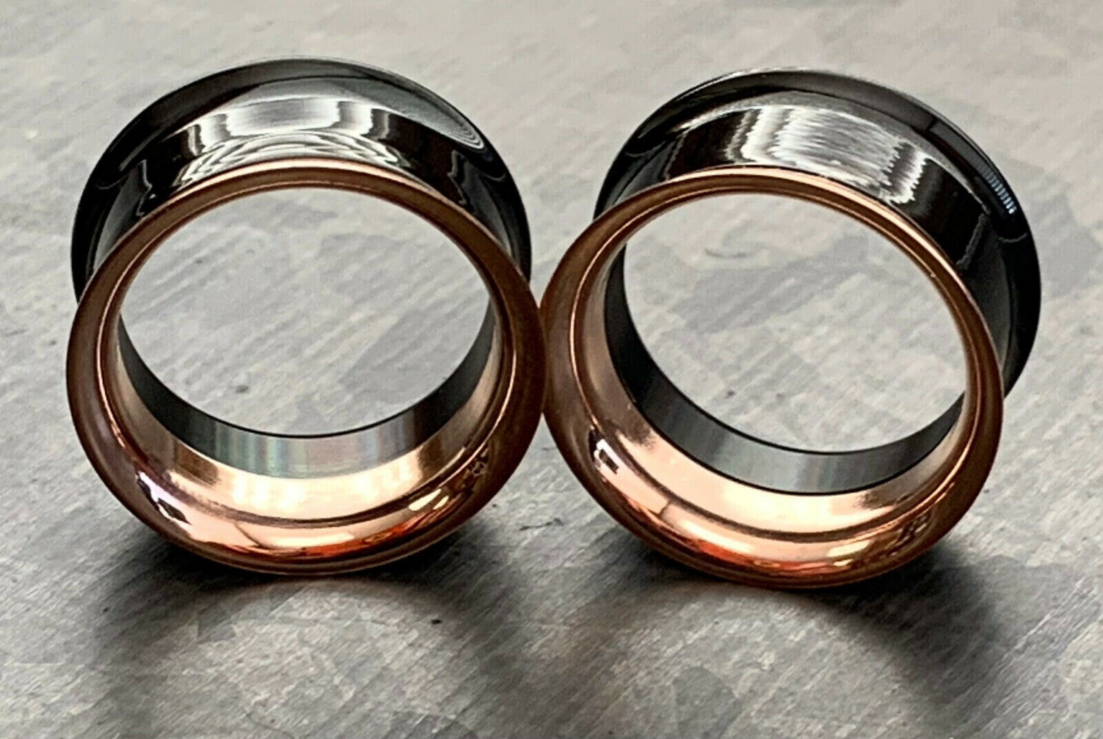 PAIR of Beautiful Black and Rose Gold Internally Threaded Tunnels/Plugs - Gauges 2g (6mm) thru 3/4" (19mm) Available!