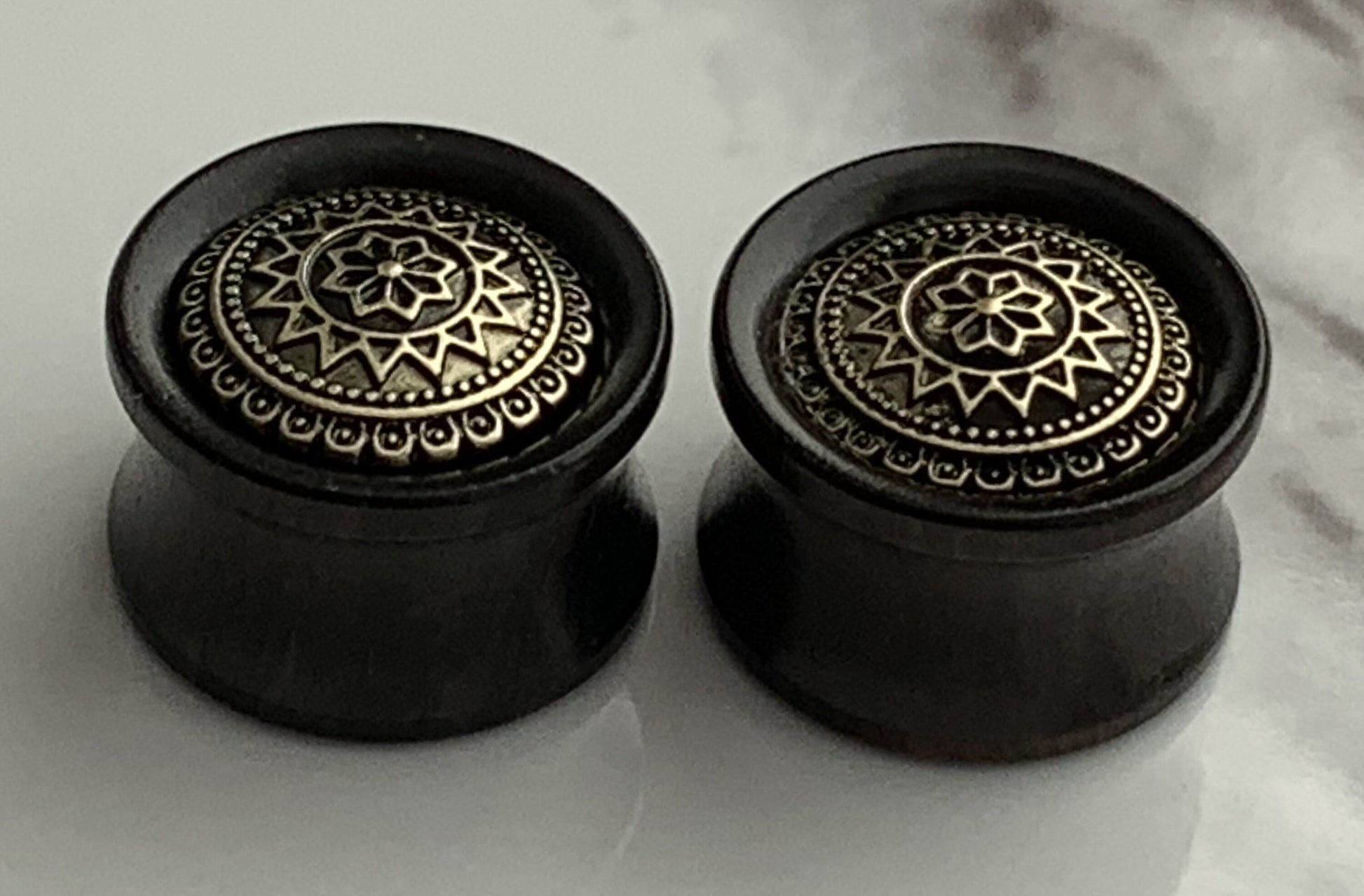 PAIR of Stunning Antique Gold Tribal Sun Shield Organic Ebony Wood Saddle Plugs - Gauges 0g (8mm) up to 5/8" (16mm) available!