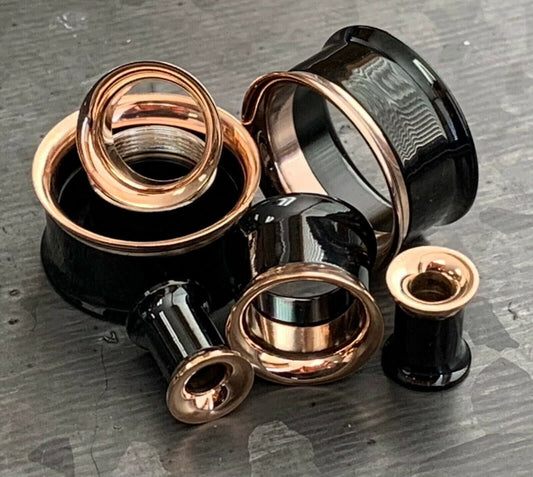 PAIR of Beautiful Black and Rose Gold Internally Threaded Tunnels/Plugs - Gauges 2g (6mm) thru 3/4" (19mm) Available!