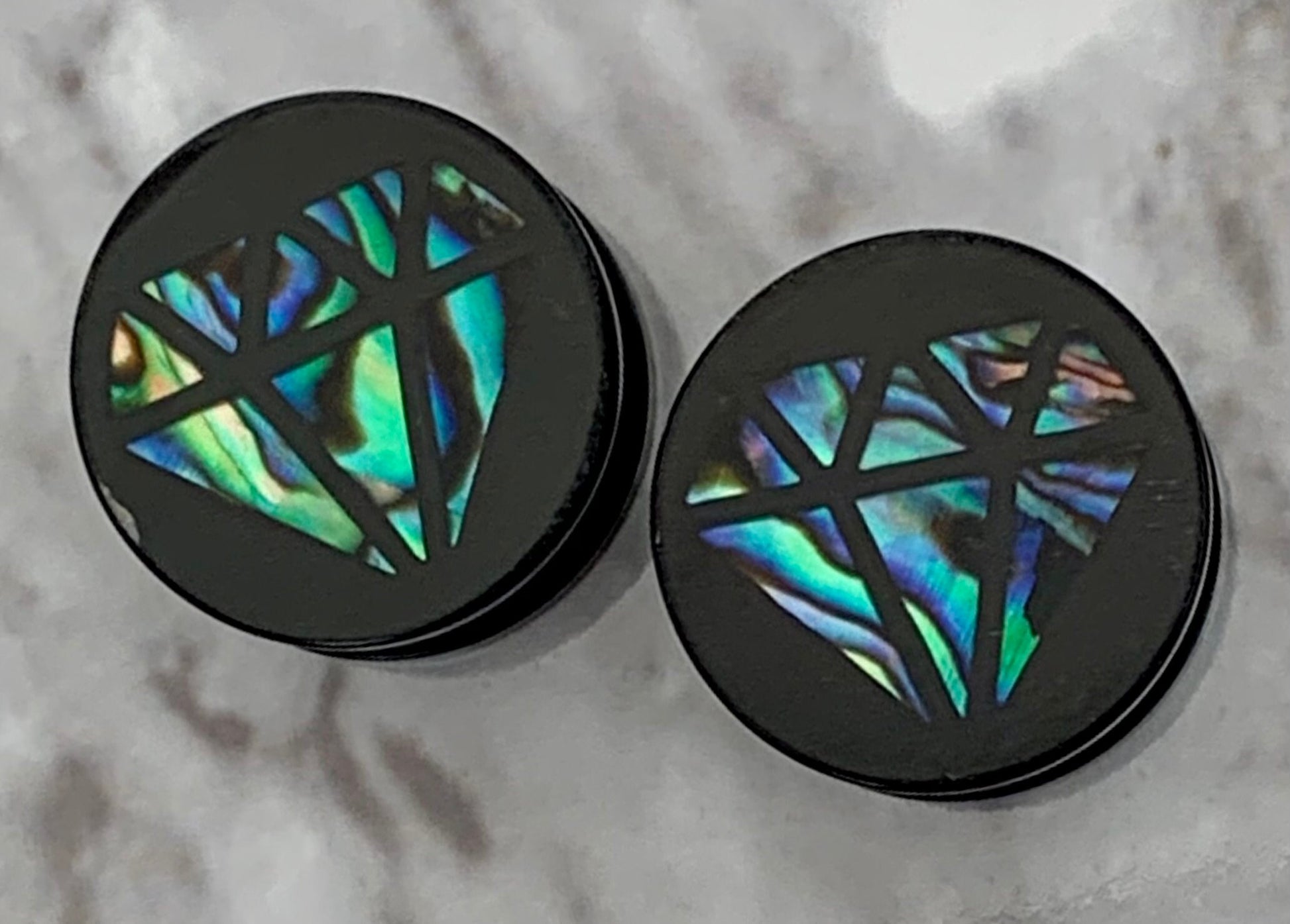 PAIR of Unique Diamond-Shaped Abalone Inlay Acrylic Screw Fit Plugs - Gauges 0g (8mm) thru 5/8" (16mm) available!