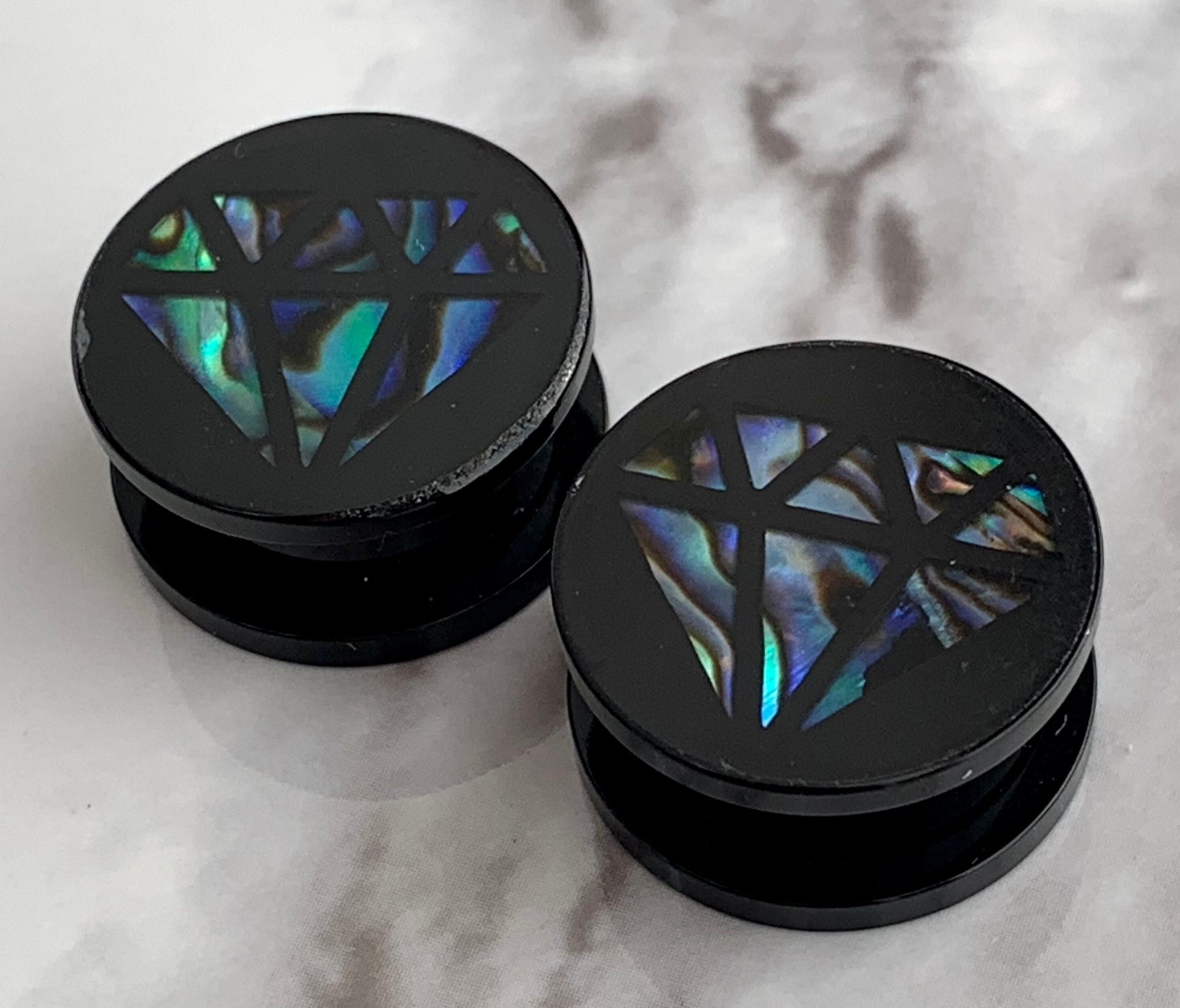 PAIR of Unique Diamond-Shaped Abalone Inlay Acrylic Screw Fit Plugs - Gauges 0g (8mm) thru 5/8" (16mm) available!