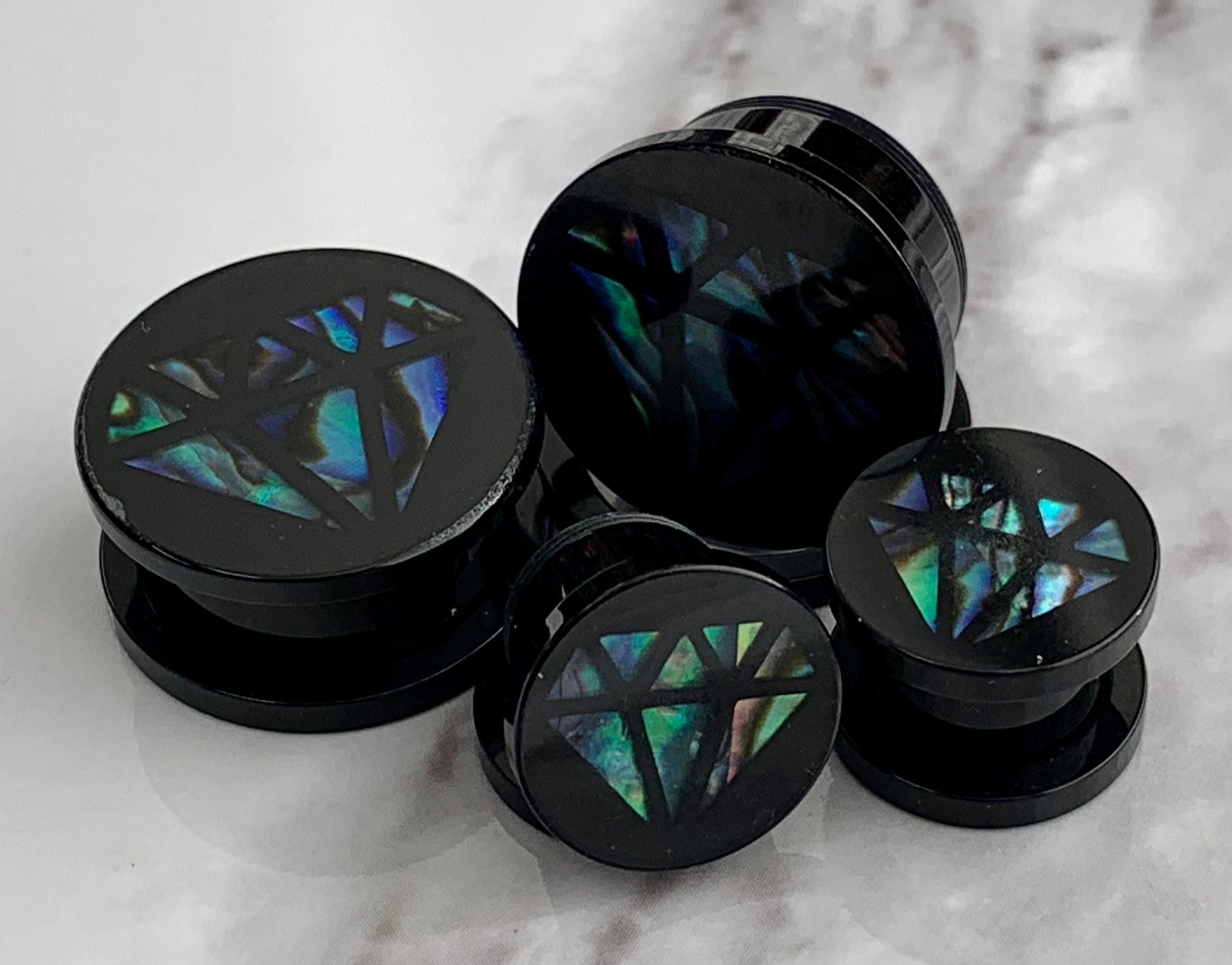 PAIR of Unique Diamond-Shaped Abalone Inlay Acrylic Screw Fit Plugs - Gauges 0g (8mm) thru 5/8" (16mm) available!