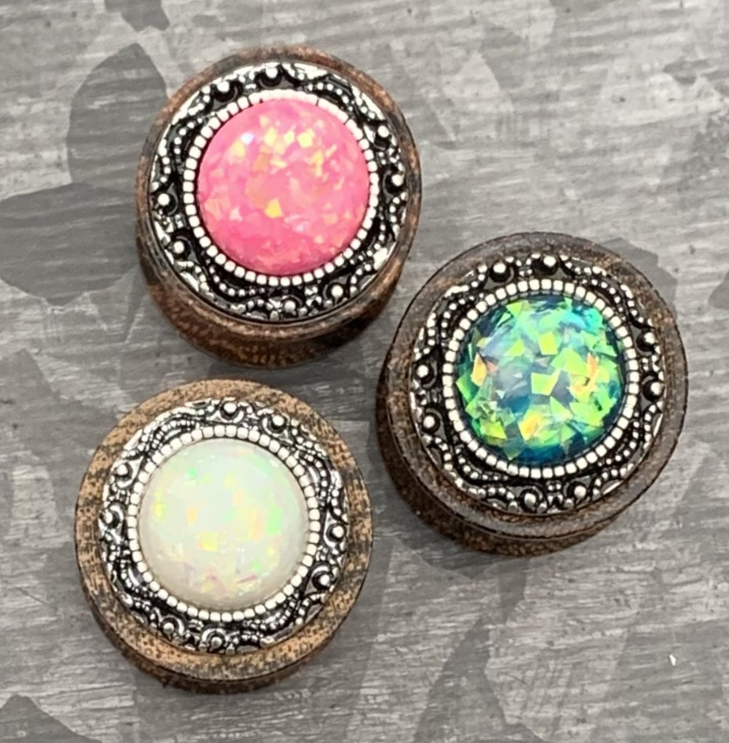 PAIR of Beautiful Synthetic Opal with Tribal Pattern Sono Wood Saddle Plugs - Gauges 2g (6mm) thru 5/8" (16mm) Available!