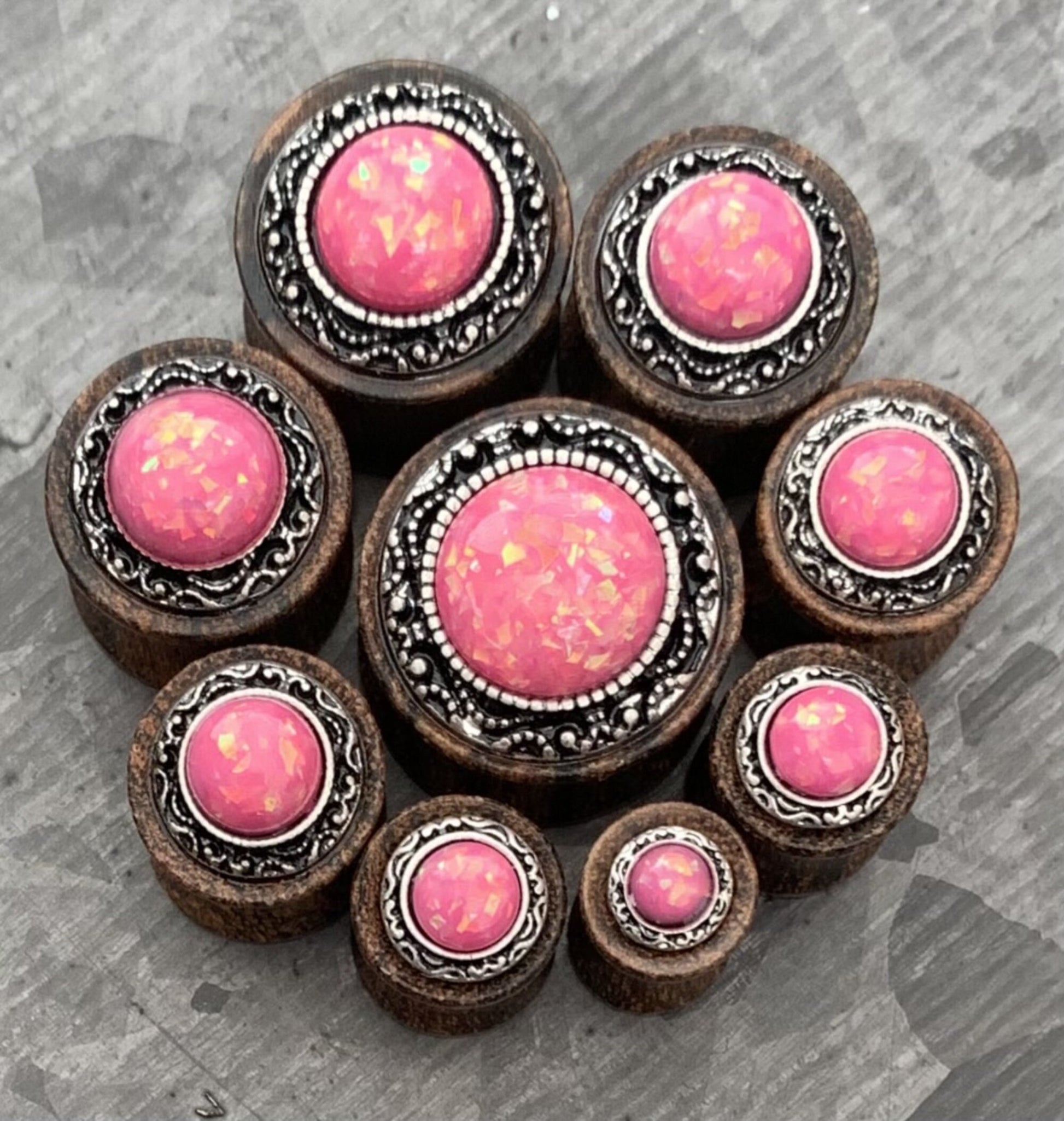 PAIR of Beautiful Synthetic Opal with Tribal Pattern Sono Wood Saddle Plugs - Gauges 2g (6mm) thru 5/8" (16mm) Available!