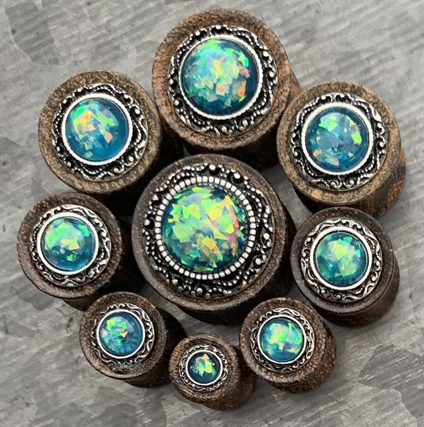 PAIR of Beautiful Synthetic Opal with Tribal Pattern Sono Wood Saddle Plugs - Gauges 2g (6mm) thru 5/8" (16mm) Available!