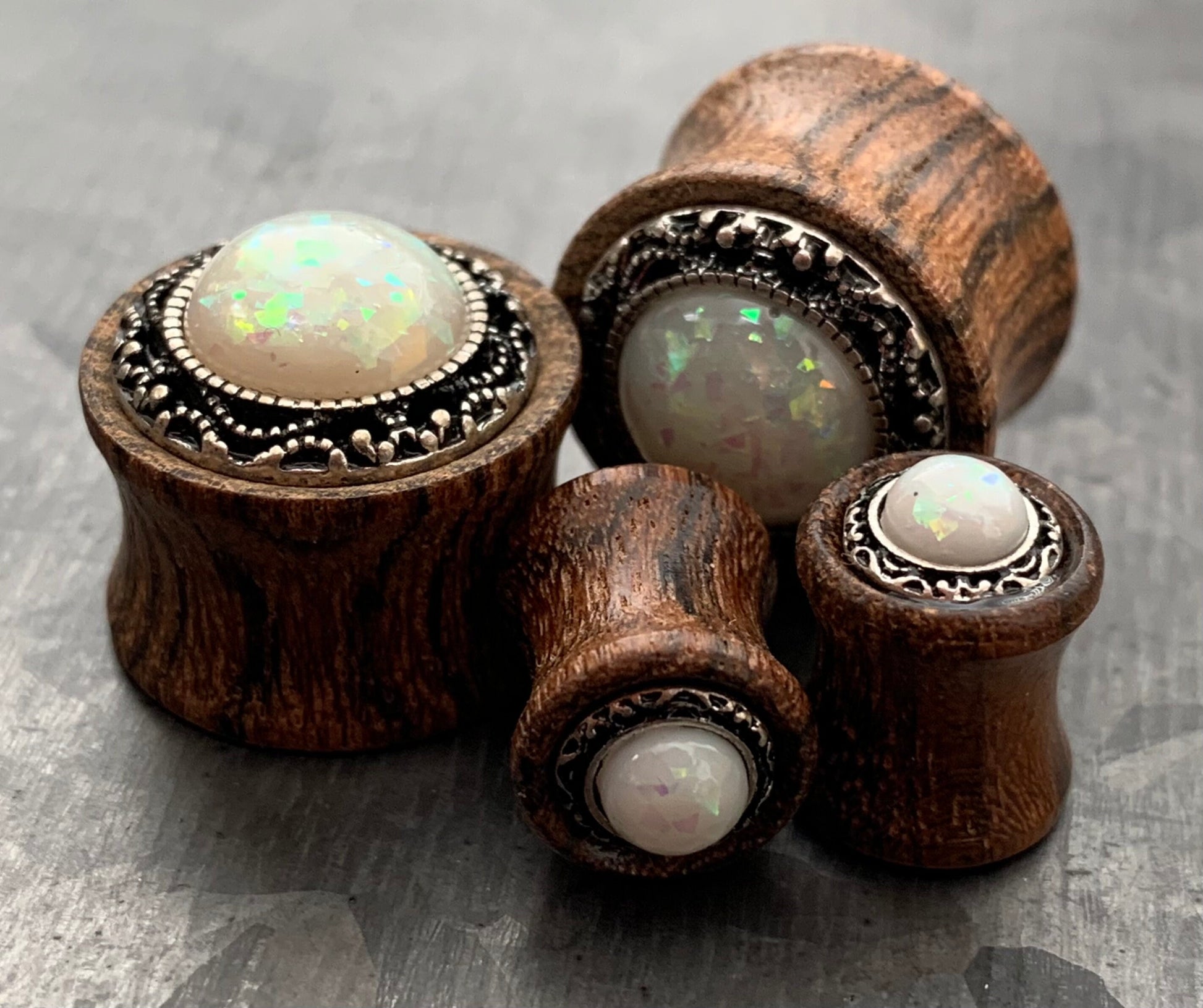 PAIR of Beautiful Synthetic Opal with Tribal Pattern Sono Wood Saddle Plugs - Gauges 2g (6mm) thru 5/8" (16mm) Available!