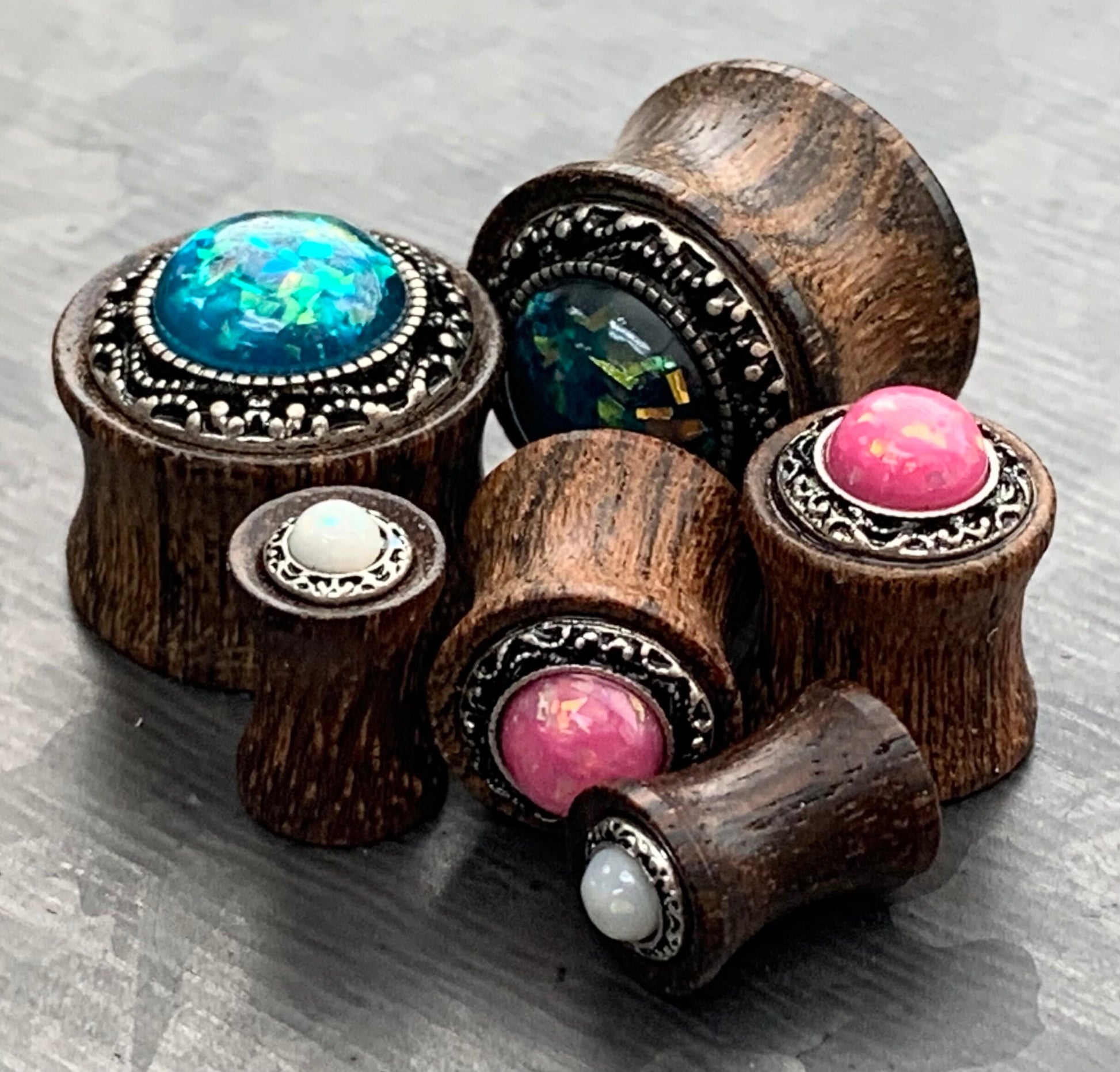 PAIR of Beautiful Synthetic Opal with Tribal Pattern Sono Wood Saddle Plugs - Gauges 2g (6mm) thru 5/8" (16mm) Available!